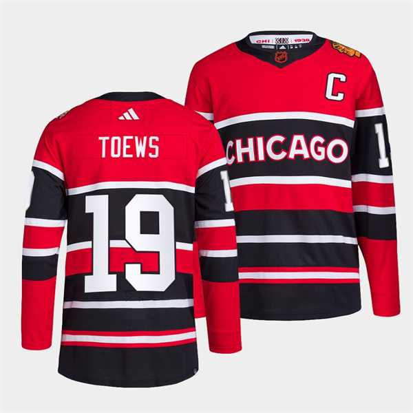 Mens Chicago Blackhawks #19 Jonathan Toews Red Black 2022 Reverse Retro Stitched Jersey Dzhi